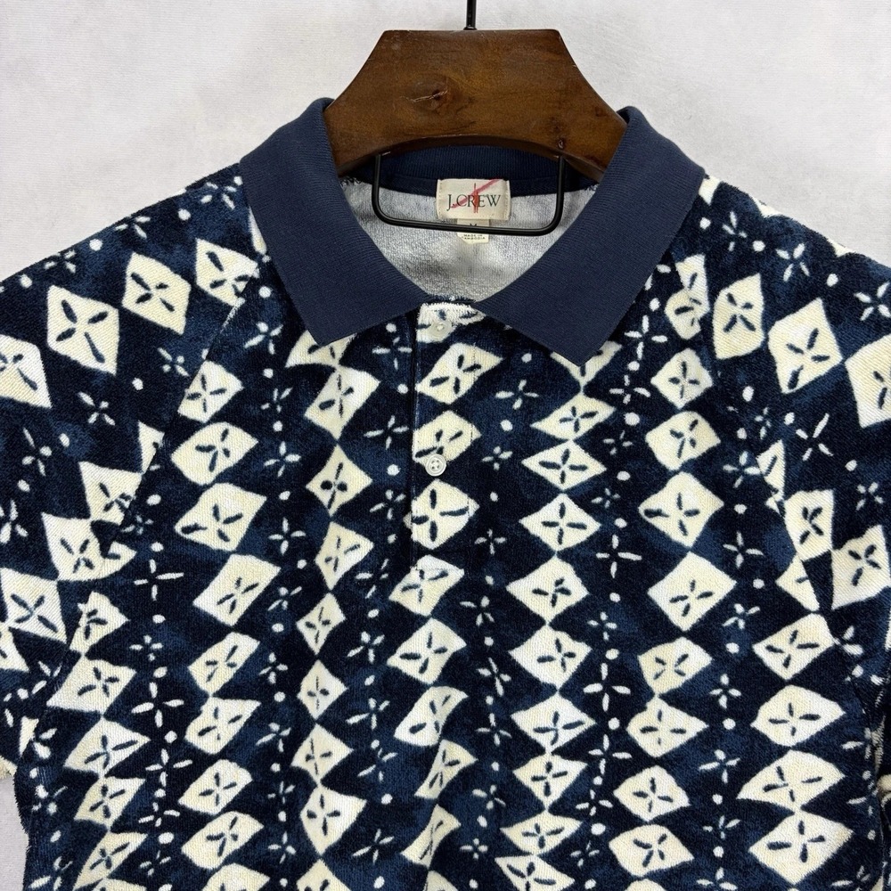 J Crew Polo Shirt Mens Medium Blue White Terry Cloth Toweling Geometric Oarsman